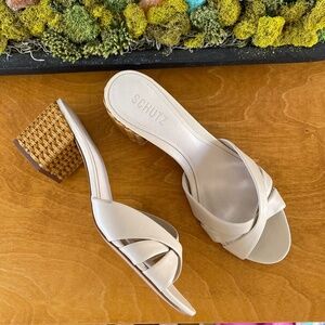 new SCHUTZ old moment quiet luxury Block Heel Mule Sandals White cream Leather 9